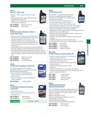 443
MAINTENANCE
Lubricants
Sierra
TC-W3 2-Cycle Oil
Sierra TC-W3 is a high performance lubricant
that has been manufactured and designed to
meet and exceed all (Domestic & Import) engine
manufacturers warranties.
Exceeds JASO, ISO, API and NMMA, for
advanced generation 2 cycle lubricants
Formulated for all PWC (Personal Water Craft),
power equipment, applications where TC-W3 is required
Ideal for oil injection systems or pre-mix applications
Optimum burnability for smokeless combustion
outboard oils on the market today
Maximum lubrication and detergency allows engine to run
Reduces ring sticking, deposit formation and exhaust port
blockage
Excellent performance with lower quality fuels
Graduated bottle and mixing ratio chart simplify pre-mixing
SIE 18-9500-1 473 ml (pint)
SIE 18-9500-2 946 ml (quart)
SIE 18-9500-3 3.78 litre (gallon)
SIE 18-9500-4 9.46 litre (2.5 gallon)
Sierra
25W40 Synthetic Blend
4-Stroke Outboard Oil
This oil is blended with premium grade synthetic and
mineral based stock combined with superior designed
additives formulated for the extreme rigours of the
marine environment.
Superior corrosion protection.
internal engine components.
SIE 18-9440-8 964 ml (quart)
SIE 18-9440-3 4 lire (135.2 oz)
Sierra
TC-W3 Direct Injection 2-Cycle Oil
Sierra Direct Injection TC-W3 has been
high-tech direct injected engines.
Mercury Optimax, Yamaha HPDI and
Johnson/Evinrude Ficht and DI motors
Semi-synthetic
Protect your engine in the most demanding
marine conditions
SIE 18-9530-3 3.78 litre (gallon)
Sierra
TC-W3 Direct Injection Synthetic
2-Cycle Oil
Full synthetic TC-W3
For use in all outboards including Johnson/
Evinrude E-Tec
SIE 18-9540-2 964 ml (quart)
SIE 18-9540-3 3.78 litre (gallon)
Star brite
TC-W3 Premium 2-Cycle Engine Oil
will not void engine warranty
NMMA approved-meets or exceeds their
stringent TC-W3 requirements
Environmentally friendly, clean burning oil that
reduces emissions
Engineered for operation under extreme
conditions
For use in oil injection, 2 cycle and pre-mix engines
Ashless formula minimizes piston ring sticking and protects
against pre-ignition problems
STA 19000 3.78 litre (gallon)
STA 19016 473 ml (16 oz)
STA 19025 9.45 litre (2.5 gallon)
STA 19032 950 ml (32 oz)
Sierra
Type "C" Gear Lube
Replaces: OMC (System Matched) Premium
Blend
Formulated for older model outboards and I/O’s
equipped with electric shift
Reduces friction and protects gears, bearings and
other gearcase components
SIE 18-9620-0 295 ml (10 oz), tube
SIE 18-9620-2 946 ml (quart)
Pail Pumps pg 440
Sierra
Hi-Performance "Synthetic" Blend
Lower Gear Lube
Replaces: Mercury (Quicksilver) Hi-Performance
Blend OMC (System Matched) Ultra-HPF Blend
Yamaha (Yamalube) LUB-GEARL-11-00
Synthetic blended marine formulation reduces
operating friction for increased performance and
protection of gears, bearings and other gear case
components
Recommended for use in high performance and high load
operating conditions in both outboard and I/O lower units
Sierra Hi-Performance gear lube has been designed to surpass
the performance of the O.E. Hi-Performance gear lubricants for
lube
SIE 18-9650-0 295 ml (10 oz), tube
SIE 18-9650-2 946 ml (quart)
SIE 18-9650-5 18.95 litre (5 gallon)
 