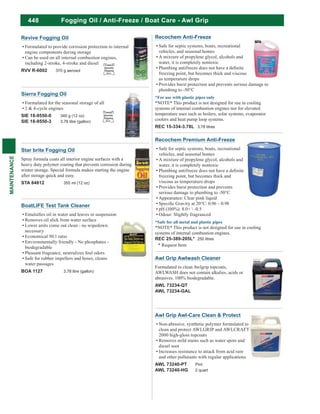 448
MAINTENANCE
Fogging Oil / Anti-Freeze / Boat Care - Awl Grip
Recochem Anti-Freeze
Safe for septic systems, boats, recreational
vehicles, and seasonal homes
A mixture of propylene glycol, alcohols and
water, it is completely nontoxic
freezing point, but becomes thick and viscous
as temperature drops
Provides burst protection and prevents serious damage to
plumbing to -50°C
*NOTE* This product is not designed for use in cooling
systems of internal combustion engines nor for elevated
temperature uses such as boilers, solar systems, evaporator
coolers and heat pump loop systems.
REC 15-334-3.78L 3.78 litres
Recochem Premium Anti-Freeze
Safe for septic systems, boats, recreational
vehicles, and seasonal homes
A mixture of propylene glycol, alcohols and
water, it is completely nontoxic
freezing point, but becomes thick and
viscous as temperature drops
Provides burst protection and prevents
serious damage to plumbing to -50°C
Appearance: Clear pink liquid
pH (100%): 8.0+  -0.5
Odour: Slightly fragranced
*NOTE* This product is not designed for use in cooling
systems of internal combustion engines.
REC 25-389-205L* 250 litres
* Request Item
Awl Grip Awl-Care Clean & Protect
Non-abrasive, synthetic polymer formulated to
clean and protect AWLGRIP and AWLCRAFT
2000 high-gloss topcoats
Removes mild stains such as water spots and
diesel soot
Increases resistance to attack from acid rain
and other pollutants with regular applications
AWL 73240-PT Pint
AWL 73240-HG 2 quart
Awl Grip Awlwash Cleaner
Formulated to clean Awlgrip topcoats,
AWLWASH does not contain alkalies, acids or
abrasives. 100% biodegradable.
AWL 73234-QT
AWL 73234-GAL
Star brite Fogging Oil
Spray formula coats all interior engine surfaces with a
heavy duty polymer coating that prevents corrosion during
winter storage. Special formula makes starting the engine
after storage quick and easy.
STA 84812 355 ml (12 oz)
BoatLIFE Test Tank Cleaner
Removes oil slick from water surface
Lower units come out clean - no wipedown
necessary
Economical 50:1 ratio
Environmentally friendly - No phosphates -
biodegradable
Pleasant fragrance, neutralizes foul odors
Safe for rubber impellers and hoses, cleans
water passages
BOA 1127 3.78 litre (gallon)
Revive Fogging Oil
Formulated to provide corrosion protection to internal
engine components during storage
Can be used on all internal combustion engines,
including 2-stroke, 4-stroke and diesel
RVV R-6002 370 g aerosol
Limited
Quantity
Shipping
D.G.
Sierra Fogging Oil
Formulated for the seasonal storage of all
2 & 4-cycle engines
SIE 18-9550-0 340 g (12 oz)
SIE 18-9550-3 3.78 litre (gallon)
Limited
Quantity
Shipping
D.G.
 