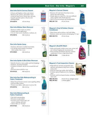 451
MAINTENANCE
Meguiar's Final Inspection Cleaner
High-lubricity formula encapsulates dust
particles and enhances deep lustre-without
using water
Contains optical brighteners for a high gloss
shine
clear coats
MEG M-3416 473 ml (16 oz), w/trigger sprayer
MEG M-3401 3.78 litre (gallon)
Meguiar's Boat/RV Wash
Suds action gently washes away scum, grime and
dirt without stripping the wax protection
Non-streaking formulation that also contains
MEG M-4364 1.9 litre (64 oz)
Meguiar's Canvas Cleaner
Removes dirt and stains from boat covers,
bimini tops and awnings
stains, agitate with a brush and rinse
Safe for the environment and biodegradable
MEG M-7116 473 ml (16 oz)
Meguiar's Vinyl & Rubber Cleaner
Conditioner
Deep cleans and revitalizes vinyl and rubber
Restores colour and screens out damaging UV rays
MEG M-5716 473 ml (16 oz)
Star brite Sail & Canvas Cleaner
Cleans and brightens whites and colours
Removes dirt, grease, and mildew stains
Great for boat covers, bimini tops, and sails
Equally good for nylon or Dacron sails
Biodegradable
STA 82016 473 ml (16 oz)
Star brite Mildew Stain Remover
Removes mildew stains on contact
Simple spray on application
Use on vinyl covers, headliners, cushions, etc
STA 85616 650 ml (22 oz)
Fabric Treatment
Prevents rot and mildew
For boat covers, bimini tops, sail
covers, clothing, and tents
Allows fabric to "breathe"
STA 81922 650 ml (22 oz)
Star brite Spider Away
Nontoxic alternative to lethal insecticides
Use during warm months in locations
where spiders like to nest
STA 95022 650 ml (22 oz)
Star brite Spider & Bird Stain Remover
Quickly dissolves messy spider and bird droppings
Nontoxic, all-natural formula
pets
Will not remove polish or wax
STA 95122 650 ml (22 oz)
Fabric Treatment
Water-based formula restores water-repelling ability
Will not affect colours
Protects new fabric, adds years to service life
STA 89755 950 ml 32 oz
Boat Care - Star brite / Meguiar's
 