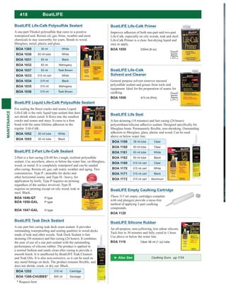 418
MAINTENANCE
BoatLIFE Liquid Life-Calk
Life-Calk is the only liquid type sealant that does
bond with the same lifetime adhesion as the
regular Life-Calk.
BOA 1052 83 ml tube White
BOA 1055 83 ml tube Black
BoatLIFE 2-Part Life-Calk Sealant
wood, or metal. It is completely waterproof and can be sanded
after curing. Resists oil, gas, salt water, weather and aging. Two
consistencies: Type P - pourable for decks and
other horizontal seams, and Type H - heavy, for
application by knife. Type P requires no priming
regardless of the surface involved. Type H
requires no priming except on oily wood, teak or
steel. Black.
BOA 1046-QT P type
BOA 1050-GAL P type
BOA 1047-GAL H type
BoatLIFE Life-Calk Sealant
waterproof seal. Resists oil, gas, brine, weather and most
chemicals to stay seaworthy for years. Bonds to wood,
BOA 1305 30 ml White
BOA 1030 83 ml tube White
BOA 1031 83 ml Black
BOA 1032 83 ml Mahogany
BOA 1037 83 ml Teak Brown
BOA 1033 315 ml cart White
BOA 1034 315 ml Black
BOA 1035 315 ml Mahogany
BOA 1036 315 ml Teak Brown
BoatLIFE Empty Caulking Cartridge
These 315 ml empty cartridges complete
with end plungers provide a mess-free
method of applying 2-part caulking
compounds.
BOA 1120
BoatLIFE Life Seal
A fast skinning (10 minutes) and fast curing (24 hours)
above or below water line.
BOA 1109 38 ml tube Clear
BOA 1160 83 ml tube Clear
BOA 1161 83 ml tube White
BOA 1162 83 ml tube Black
BOA 1169 315 ml cart Clear
BOA 1170 315 ml cart White
BOA 1171 315 ml cart Black
BOA 1172 315 ml cart Aluminum
BoatLIFE Silicone Rubber
An all-purpose, non-yellowing, low odour silicone.
Tack free in 30 minutes and fully cured in 1 hour.
Use above or below the water line.
BOA 1110 Clear 38 ml (1 oz) tube
BoatLIFE Teak Deck Sealant
A one part fast curing teak deck seam sealant. It provides
made of teak and other woods. Teak Deck Sealant is fast
skinning (30 minutes) and fast curing (24 hours). It combines
the ease of use of a one part sealant with the outstanding
performance of silicone rubber. The product is applied in
a normal fashion and sands clean after curing to provide a
and Teak Oils. It is also non-corrosive, so it can be used on
does not shrink, crack, or dry out. Black.
BOA 1252 315 ml Cartridge
BOA 1306-CHUBBS* 600 ml Sausage
* Request Item
Caulking Guns pg 1124
BoatLIFE
BoatLIFE Life-Calk Primer
Improves adhesion of both one-part and two-part
Life-Calk, especially on oily woods, teak and steel.
Life-Calk Primer is a clear, fast-drying liquid and
easy to apply.
BOA 1059 230ml (8 oz)
Limited
Quantity
Shipping
D.G.
BoatLIFE Life-Calk
Solvent and Cleaner
General purpose solvent removes uncured
equipment. Ideal for the preparation of seams for
caulking.
BOA 1056 473 ml (Pint)
Limited
Quantity
Shipping
D.G.
 