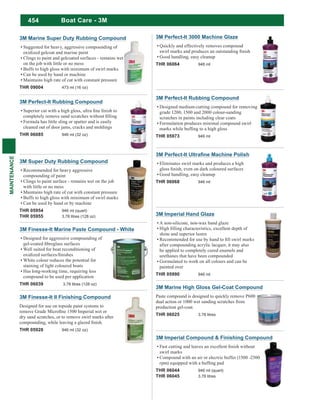 454
MAINTENANCE
3M Super Duty Rubbing Compound
Recommended for heavy aggressive
compounding of paint
Clings to paint surface - remains wet on the job
with little or no mess
Maintains high rate of cut with constant pressure
Buffs to high gloss with minimum of swirl marks
Can be used by hand or by machine
THR 05954 946 ml (quart)
THR 05955 3.78 litres (128 oz)
3M Finesse-It Marine Paste Compound - White
Designed for aggressive compounding of
Well suited for boat reconditioning of
White colour reduces the potential for
staining of light coloured boats
Has long-working time, requiring less
compound to be used per application
THR 06039 3.78 litres (128 oz)
3M Marine Super Duty Rubbing Compound
Suggested for heavy, aggressive compounding of
oxidized gelcoat and marine paint
Clings to paint and gelcoated surfaces - remains wet
on the job with little or no mess
Buffs to high gloss with minimum of swirl marks
Can be used by hand or machine
Maintains high rate of cut with constant pressure
THR 09004 473 ml (16 oz)
3M Perfect-It Rubbing Compound
Formula has little sling or spatter and is easily
cleaned out of door jams, cracks and moldings
THR 06085 946 ml (32 oz)
3M Finesse-It II Finishing Compound
Designed for use on topside paint systems to
dry sand scratches, or to remove swirl marks after
THR 05928 946 ml (32 oz)
3M Perfect-It Rubbing Compound
Designed medium-cutting compound for removing
grade 1200, 1500 and 2000 colour-sanding
scratches in paints including clear coats
Formulation produces minimal compound swirl
THR 05973 946 ml
3M Perfect-It 3000 Machine Glaze
Quickly and effectively removes compound
Good handling, easy cleanup
THR 06064 946 ml
Eliminates swirl marks and produces a high
Good handling, easy cleanup
THR 06068 946 ml
Boat Care - 3M
3M Imperial Compound & Finishing Compound
swirl marks
Compound with an air or electric buffer (1500 -2500
THR 06044 946 ml (quart)
THR 06045 3.78 litres
3M Marine High Gloss Gel-Coat Compound
Paste compound is designed to quickly remove P600
dual action or 1000 wet sanding scratches from
production gel-coat.
THR 06025 3.78 litres
3M Imperial Hand Glaze
A non-silicone, non-wax hand glaze
shine and superior lustre
after compounding acrylic lacquer, it may also
be applied to completely cured enamels and
urethanes that have been compounded
Gormulated to work on all colours and can be
painted over
THR 05990 946 ml
 