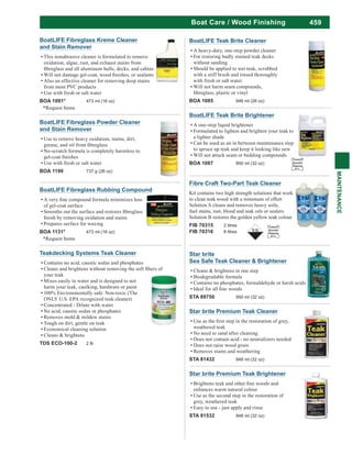 459
MAINTENANCE
Boat Care / Wood Finishing
BoatLIFE Fibreglass Kreme Cleaner
and Stain Remover
This nonabrasive cleaner is formulated to remove
oxidation, algae, rust, and exhaust stains from
Also an effective cleaner for removing deep stains
from most PVC products
Use with fresh or salt water
BOA 1091* 473 ml (16 oz)
*Request Items
BoatLIFE Fibreglass Powder Cleaner
and Stain Remover
Use to remove heavy oxidation, stains, dirt,
No-scratch formula is completely harmless to
Use with fresh or salt water
BOA 1190 737 g (26 oz)
BoatLIFE Fibreglass Rubbing Compound
of gel-coat surface
Prepares surface for waxing
BOA 1131* 473 ml (16 oz)
*Request Items
Teakdecking Systems Teak Cleaner
Contains no acid, caustic sodas and phosphates
your teak
Mixes easily in water and is designed to not
harm your teak, caulking, hardware or paint
100% Environmentally safe: Non-toxic (The
ONLY U.S. EPA recognized teak cleaner)
Concentrated - Dilute with water
No acid, caustic sodas or phosphates
Removes mold & mildew stains
Tough on dirt, gentle on teak
Economical cleaning solution
Cleans & brightens
TDS ECO-100-2 2 lb
BoatLIFE Teak Brite Cleaner
A heavy-duty, one-step powder cleaner
For restoring badly stained teak decks
without sanding
Should be applied to wet teak, scrubbed
with a stiff brush and rinsed thoroughly
with fresh or salt water
Will not harm seam compounds,
BOA 1085 946 ml (26 oz)
Star brite
Sea Safe Teak Cleaner & Brightener
Cleans & brightens in one step
Biodegradable formula
Contains no phosphates, formaldehyde or harsh acids
STA 89750 950 ml (32 oz)
Star brite Premium Teak Brightener
enhances warm natural colour
Use as the second step in the restoration of
grey, weathered teak
Easy to use - just apply and rinse
STA 81532 948 ml (32 oz)
Star brite Premium Teak Cleaner
weathered teak
No need to sand after cleaning
Does not contain acid - no neutralizers needed
Does not raise wood grain
Removes stains and weathering
STA 81432 948 ml (32 oz)
BoatLIFE Teak Brite Brightener
A one-step liquid brightener
Formulated to lighten and brighten your teak to
a lighter shade
Can be used as an in between maintenance step
to spruce up teak and keep it looking like new
Will not attack seam or bedding compounds
BOA 1087 950 ml (32 oz)
Limited
Quantity
Shipping
D.G.
Fibre Craft Two-Part Teak Cleaner
Kit contains two high strength solutions that work
to clean teak wood with a minimum of effort
Solution A cleans and removes heavy soils,
fuel stains, rust, blood and teak oils or sealers.
Solution B restores the golden yellow teak colour.
FIB 70315 2 litres
FIB 70316 8 litres
Limited
Quantity
Shipping
D.G.
 