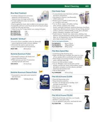 465
MAINTENANCE
Metal Cleaning
Blue Steel Treatment
Combines chemical rust conversion
properties with the protective
A single application stops rust and also
primes the steel
Can be applied by brush, deck scrubber or low pressure spray
Compatible with most water-based and solvent-based coatings
Clean-up with soap and water
Allow to cure for 3-4 days before over coating with epoxy
BLS BSP1LTR Litre
BLS BSP4LTR 4 litre
BLS BSP500ML 474 ml
BoatLIFE "Git-Rust"
Converts rust to a paintable surface by chemically
converting ferrous oxide to ferrous sulphide
Eliminates the need to sand rust away
Leaves metal primed and rust protected
BOA 1086 236 ml (8 oz)
Flitz Polish Paste
A concentrated cream that cleans, polishes,
deoxidizes and protects
USDA authorized
to 3 months in salt water
Use on: Brass, copper, silverplate, sterling
silver, chrome, stainless steel, nickel,
bronze, solid gold, aluminum, anodized aluminum, beryllium,
magnesium, platinum, pewter, factory hot gun bluing, painted
surfaces, Formica, cultured marble, Corian, glass, plexiglas,
Easily removes: Tarnish, rust, water stains, chalking, lime
deposits, heat discolouration, lead & powder residue, oxidation,
dyes, black streaks/scuff marks
FLZ BP03511 50 gr (1.76 oz)
FLZ BU03515 150 gr (5.29 oz)
FLZ CA03518-6 906 gr (2 lbs)
Flitz Waxx Speed Wax
A premium-grade detailing spray
Made with Brazilian Carnauba, this spray-on, wipe-
Water-based, environment friendly, no streak, no
smear, and body shop safe
Leaves no white powdery residue
plexiglass, eisenglass, acrylics, plastics, polished
aluminum and stainless steel
Safe on black plastic
FLZ SW02806 473 ml (16 oz)
Flitz S/S & Chrome CLEAN
Powerful degreasing action
Water-based & streak-free
discolour stainless steel
Fast & easy - just spray & wipe
FLZ SP01506 473 ml (16 oz)
Flitz S/S & Chrome POLISH
Water-based formula, non-toxic, eco-friendly
Produces a deep gloss shine
Use on appliances, gas grills, vent hoods & more
FLZ SS01306 473 ml (16 oz)
Starbrite Aluminum Polish
types of aluminum boats
PTEF polymers provide UV protection
and help repel dirt and stains
STA 87616 473 ml (16 oz)
Starbrite Aluminum Cleaner/Polish
Formulated to clean and restore stained or
dull aluminum
STA 87764 1.89 litres (64 oz)
or
 