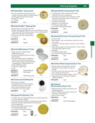 467
MAINTENANCE
3M Hookit SBS 7" Backup Pad
Get easy attachment, quick removal and
accurate centring of either the compounding or
polishing pad with the Hookit system
Accepts 5/8" thread
7" diameter,
THR 05717 Each
For applying the Finesse-it Finishing
Material or Finesse-it Final Finish
Has a Hookit attachment system
3" diameter x 15/16 trim length
THR 85078 Each
3M Perfect-It SBS 7" Back-up Pad
Designed for use with adapter (05710)
Enables 3M Superbuff Pad users to use the 3M Perfect-it Foam
Polishing Pad (05726) without having to remove the Superbuff
adaptor from the shaft of the polisher
Fits all 5/8" shaft slow speed polishers
7" diameter
THR 05718 Each
Accessories:
THR 05710 Adapter
3M Superbuff III 2 plus 2 Compounding 9" Pad
2 sides to buff
more easily
operation
Heavy back-up pads are eliminated by the "2 plus 2" pad's
own lightweight support system
Washable
9" diameter, double sided
Use with 05710 Superbuff adapter
THR 05704 Each
Accessories:
THR 05710 Adapter
3M Superbuff III Compounding 9" Pad
A double sided, 100% wool pad with a stiffer
central hub for more cutting power
This pad has untwisted yarn construction, which
allows for more surface contact, while giving
Excellent for hard paint
Aggressive, fast cutting pad
9" diameter, double sided
Use with 05710 Superbuff adapter
THR 05703 Each
Accessories:
THR 05710 Adapter
3M Perfect-It Wool Compounding 8" Pad
Double sided low linting 100% wool pad
pads without the linting mess
Use with 3M quick connect adaptor, # 05752
Suggested for use with Perfect-It rubbing
compound (06085)
THR 33279 Each
3M Superbuff Polishing 9" Pad
A double sided, soft edge polishing pad, specially designed for
use with a polisher and glaze
Fine, polishing pad
Built-in lightweight back-up support
9" diameter, double sided
Use with 05710 Superbuff adapter
THR 05705 Each
Accessories:
THR 05710 Adapter 05710
3M Perfect-It
Wool Compounding 9" Pad
High performance double sided 100% wool
compounding pad
other paint surface defects
Quick connect design
THR 05753 Each
Accessories:
THR 05752 Quick release adapter
Cleaning Supplies
3M Hookit SBS System 9" Pads
Single sided wool compounding/
polishing pad system
paint systems
The Hookit SBS System is designed to
provide easy attachment and removal
and accurate centring of the Hookit SBS
Compounding or Polishing Pad to the
Hookit SBS Back-up Pad
9" diameter, single sided
1/pkg
THR 05711 Compounding pad
THR 05713 Polishing pad
Accessories:
THR 05717 Hook-It back-up pad 05713
05711
 