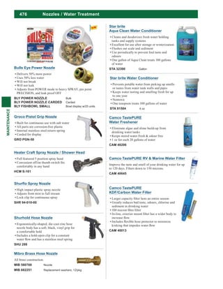 476
MAINTENANCE
Camco TastePURE RV & Marine Water Filter
Improve the taste and smell of your drinking water for up
to 120 days. Filters down to 150 microns.
CAM 40645
Camco TastePURE
KDF/Carbon Water Filter
Greatly reduces bad taste, odours, chlorine and
sediment in drinking water
CAM 40013
Star brite
Aqua Clean Water Conditioner
Cleans and deodorizes fresh water holding
tanks and supply systems
Excellent for use after storage or winterization
Flushes out scale and sediment
Use periodically to prevent foul taste and
odours
One gallon of Aqua Clean treats 100 gallons
of water
STA 32300 Gallon
Star brite Water Conditioner
Prevents potable water from picking up smells
or tastes from water tank walls and pipes
Keeps water tasting and smelling fresh for up
to one year
Nontoxic
One teaspoon treats 100 gallons of water
STA 91504 4 oz
Camco TastePURE
Water Freshener
Eliminate algae and slime build-up from
drinking water tanks
Keeps stored water fresh & odour free
1 oz for each 20 gallons of water
CAM 40206
Groco Pistol Grip Nozzle
Built for continuous use with salt water
All parts are corrosion-free plastic
Internal stainless steel return spring
Carded for display
GRO PGN-50
Heater Craft Spray Nozzle / Shower Head
Full featured 5 position spray head
comfortably in any hand
HCM S-101
Mibro Brass Hose Nozzle
All brass construction.
MIB 580760 Nozzle
MIB 682251 Replacement washers, 12/pkg
Shurhold Hose Nozzle
Ergonomically-shaped, die-cast zinc hose
nozzle body has a soft, black, vinyl grip for
a comfortable hold
Includes a hold-open clip for a constant
SHU 288
High impact plastic spray nozzle
Adjusts from mist to full stream
Lock clip for continuous spray
SHR 94-010-00
Bulls Eye Power Nozzle
Delivers 50% more power
Uses 50% less water
Will not break
Will not leak
Adjusts from POWER mode to heavy SPRAY, pin point
PRECISION, and leak proof OFF
BLY POWER NOZZLE Bulk
BLY POWER NOZZLE CARDED Carded
BLY FISHBOWL SMALL Bowl display w/25 units
Nozzles / Water Treatment
 