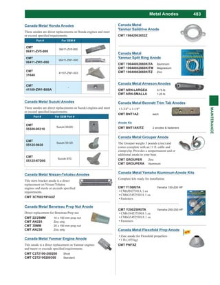 483
MAINTENANCE
Metal Anodes
Canada Metal Nissan-Tohatsu Anodes
This stern bracket anode is a direct
replacement on Nissan/Tohatsu
requirements.
CMT 3C7602181A0Z
Canada Metal Arneson Anodes
CMT ARN-LARGEA 3.75 lb
CMT ARN-SMALLA 1.25 lb
Canada Metal Beneteau Prop Nut Anode
Direct replacement for Beneteau Prop nut.
CMT 22/25MM 16 x 150 mm prop nut
CMT AN225 Zinc only
CMT 30MM 20 x 150 mm prop nut
CMT AN230 Zinc only
Canada Metal
Yanmar Saildrive Anode
CMT 19642002652Z
Canada Metal Yanmar Engine Anode
This anode is a direct replacement on Yanmar engines
CMT C272100-200200 Short
CMT C272100200300 Standard
Canada Metal Bennett Trim Tab Anodes
3-3/4" x 1-1/8"
CMT BNT1AZ each
Anode Kit
CMT BNT1AKITZ 2 anodes & fasteners
Canada Metal Honda Anodes
These anodes are direct replacements on Honda engines and meet
Part # For OEM #
CMT
06411-ZV5-000
06411-ZV5-000
CMT
06411-ZW1-000
06411-ZW1-000
CMT
31640
41107-ZW1-003
CMT
41109-ZW1-B00A
-
Canada Metal Suzuki Anodes
These anodes are direct replacements on Suzuki engines and meet
Part # For OEM Part #
CMT
55320-95310
Suzuki 55320
CMT
55125-9630
Suzuki 55125
CMT
55125-87D00
Suzuki 87D
Canada Metal Grouper Anode
The Grouper weighs 5 pounds (zinc) and
comes complete with an 11 ft. cable and
clamp/clip. Provides a nonpermanent and or
additional anode to your boat.
CMT GROUPER Zinc
CMT GROUPERA Aluminum
CMT Y200250KITA Yamaha 200-250 HP
CM61A4537100A 1 ea
CM6G54525101A 1 ea
Fasteners
CMT Y150KITA Yamaha 150-200 HP
CM6J9437101A 1 ea
CM6G54525101A 1 ea
Fasteners
Canada Metal Yamaha Aluminum Anode Kits
Complete kits ready for installation.
Canada Metal
Yanmar Split Ring Anode
CMT 19644002660KITA Aluminum
CMT 19644002660KITM Magnesium
CMT 19644002660KITZ Zinc
Canada Metal Flexofold Prop Anode
Zinc anode for Flexofold propellers
1 lb (.455 kg)
CMT PNFXZ
 