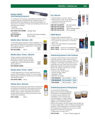 423
MAINTENANCE
Sikaflex / Adhesives
® Primer - 209 N
A black pigmented low-viscosity liquid that dries by
reaction with atmospheric moisture. It is used to prime
painted surfaces and plastic substrates prior to bonding
SIK 209-N-250ML 250 ml
® Aktivator
the treatment of bond faces in direct glazing work prior
to application of various Sika polyurethane adhesive.
Surfaces: glass, ceramic-coated glass, the cut face of
old polyurethane adhesive beads, polyurethane-coated
windows glass and paints.
SIK F-03836 250 ml
G.E. Silicone
General purpose, one part, silicone
most plastics above the water line
Tack free in 10 minutes
CMP SE1122-WHITE 85 g tube (int/ext)
CMP SE1134-CLEAR 85 g tube
CMP SE1180-WHITE 300 ml cartridge (int/ext)
CMP SE1184-CLEAR 300 ml cartridge
Joint Sealing Compound
A 1-component, UV-resistant, polyurethane-based joint sealing
compound specially formulated for the caulking of joints in
traditional timber strip decking in boat and yacht building. It is
non-corrosive, resistant to UV light and weathering and is also sea
and fresh water resistant.
Sandable
Semi self-levelling
SIK 290iDC-BLK-600ML Sausage, Black
Accessories:
SIK PTNOZZLE Nozzle for all the above cartridges
SIK F-00186 Nozzle adapter
Teakdecking Systems Teak Caulking
A one-part, Silane Polymer system which when
exposed to moisture in the air reacts to form a
Caulking is a thixotropic material that does not
sag during cure, and, when cured, has excellent
temperature stability and chemical resistance.
Because the sealant is neutral cure, it is non-
corrosive to all substrates.
Tack free time: 20-40 minutes
Tensile strength: 300psi
Elongation: 350%
Shelf life: 18 months
TDS SIS440-B 305 ml cartridge Black
TDS SIS440-W 305 ml cartridge White
TDS SIS440 600 ml sausage Black
Teakdecking Systems Fitting Epoxy
A custom blend of high quality
epoxy resins, activators and additives
formulated for outstanding adhesion
to common marine substrates such
steel. Developed as a ‘tough’ adhesive
undergo at sea, FE180A has special
additives that enhance internal strength, bond strength and
viscosity control under a variety of adverse environmental
conditions. TDS Fitting Epoxy is also DOT (US Dept.
designed not to harm the environment.
Approximate coverage: 30 ft2
TDS FE180A 1:1 ratio, 7.56 litre (2 gallon) kit
® Aktivator - 205
An activating agent, designed to improve adhesion. It is
direct glazing work prior to application of various Sika
polyurethane adhesives.
SIK 205-250ML 250 ml
Limited
Quantity
Shipping
D.G.
® Primer - 206 G+P
A black, moisture-curing liquid primer
of bond faces in direct glazing work prior
to application of Sika polyurethane direct
glazing adhesives.
SIK 206G&P-250ML
Limited
Quantity
Shipping
D.G.
GOOP Marine
Strong single component adhesive
Bonds to metal, canvas, wood, vinyl, and rope
UV resistant: for maximum UV resistance,
paint over
Clear in colour
GOO 170035 110 ml (3.7 oz) squeeze tube
GOO 172034 305 ml (10.2 oz) cartridge
Limited
Quantity
Shipping
D.G.
 