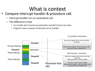 What is context
• Compare Interrupt handler & procedure call.
– Interrupt handler run as a procedure call.
– The difference is that
• int_handler don’t receive any parameter and don’t return any value.
• Program is even unaware of execution of int_handler.
5
Processor time
axis
Pci bus interrupt
Timer interrupt
Timer interrupt
Thread A
Thread A
Thread B
Thread B
subroutine
Save every register which will be used later
into stack.
…
…
Restore those register which have been used,
and jump to return address(r14).
Save every register which will be used later
into stack.
Read parameter in param register
…
Put return value in param register
Restore those register which have been used,
and jump to return address(r14).
Void Foo(void) : user space
Int_handler(): kernel space
 