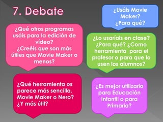 ¿Qué otros programas
usáis para la edición de
vídeo?
¿Creéis que son más
útiles que Movie Maker o
menos?
¿Usáis Movie
Maker?
¿Para qué?
¿Lo usaríais en clase?
¿Para qué? ¿Como
herramienta para el
profesor o para que lo
usen los alumnos?
¿Es mejor utilizarlo
para Educación
Infantil o para
Primaria?
¿Qué herramienta os
parece más sencilla,
Movie Maker o Nero?
¿Y más útil?
 