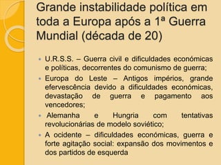 Grande instabilidade política em
toda a Europa após a 1ª Guerra
Mundial (década de 20)
 U.R.S.S. – Guerra civil e dificuldades económicas
e políticas, decorrentes do comunismo de guerra;
 Europa do Leste – Antigos impérios, grande
efervescência devido a dificuldades económicas,
devastação de guerra e pagamento aos
vencedores;
 Alemanha e Hungria com tentativas
revolucionárias de modelo soviético;
 A ocidente – dificuldades económicas, guerra e
forte agitação social: expansão dos movimentos e
dos partidos de esquerda
 