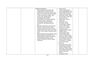 Mengomunikasikan
; Menyampaikan beberapa teks
ilmiah faktual (factual report)
pendek dan sederhana yang telah
dibaca atau dibuat sendiri kepada
teman-temannya, dengan cara
antara lain membacakan,
menyalin/menulis dan
menerbitkan di majalah dinding,
bertanya jawab, membahas
pandangan masing-masing
tentang isi teks ilmiah factual,
dsb.
; Berupaya membaca secara lancar
dengan ucapan, tekanan kata,
intonasi yang benar dan menulis
dengan ejaan dan tanda baca yang
benar, serta tulisan yang jelas dan
rapi.
; Membicarakan permasalahan yang
dialami dalam memahami teks
ilmiah faktual (factual report) dan
menuliskannya dalam jurnal
belajar sederhana dalam bahasa
Indonesia.
; Unjuk kerja
Tugas menganalisis
dan menghasilkan teks
ilmiah faktual (factual
report) tentang orang,
binatang, benda, gejala
dan peristiwa alam dan
sosial nyata di
lingkungan sekitar.
; Observasi:
(penilaian yang
bertujuan untuk
memberikan balikan
secara lebih cepat)
; Observasi terhadap
tindakan siswa
menggunakan bahasa
Inggris untuk
menyebutkan dan
menanyakan fakta
umum tentang orang,
binatang, benda, gejala
dan peristiwa alam dan
sosial, ketika muncul
kesempatan, di dalam
dan di luar kelas.
; Portofolio
- Kumpulan karya teks
ilmiah faktual (factual
report) tentang orang,
binatang, benda, gejala
dan peristiwa alam dan
sosial yang telah
dibuat.
; Kumpulan hasil
- 151 -
 