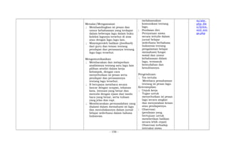 Menalar/Mengasosiasi
; Membandingkan isi pesan dan
unsur kebahasaan yang terdapat
dalam beberapa lagu dalam buku
koleksi lagunya tersebut di atas
atau dengan lagu-lagu lain.
; Mmemperoleh balikan (feedback)
dari guru dan teman tentang
pendapat dan perasaanya tentang
lagu-lagu tersebut.
Mengomunikasikan
; Membacakan dan melaporkan
analisisnya tentang satu lagu lain
pilihan sendiri dalam kerja
kelompok, dengan cara
menyebutkan isi pesan serta
pendapat dan perasaannya
tentang lagu tersebut.
; B berupaya membaca secara
lancar dengan ucapan, tekanan
kata, intonasi yang benar dan
menulis dengan ejaan dan tanda
baca yang benar, serta tulisan
yang jelas dan rapi.
; Membicarakan permasalahan yang
dialami dalam memahami isi lagu
dan menuliskannya dalam jurnal
belajar sederhana dalam bahasa
Indonesia.
melaksanakan
komunikasi tentang
lagu.
; Penilaian diri:
Pernyataan siswa
secara tertulis dalam
jurnal belajar
sederhana berbahasa
Indonesia tentang
pengalaman belajar
memahami fungsi
sosial dan unsur
kebahasaan dalam
lagu, termasuk
kemudahan dan
kesulitannya.
Pengetahuan:
; Tes tertulis
Membaca pemahaman
tentang isi pesan lagu.
Keterampilan:
; Unjuk kerja
Tugas untuk
menyebutkan isi pesan
lagu secara singkat
dan menyatakan kesan
atau pendapatnya.
; Observasi:
(penilaian yang
bertujuan untuk
memberikan balikan
secara lebih cepat)
Observasi terhadap
interaksi siswa
m/site_
php_file
s/lyrics_
and_son
gs.php
- 156 -
 