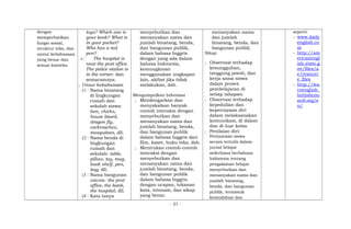 dengan
memperhatikan
fungsi sosial,
struktur teks, dan
unsur kebahasaan
yang benar dan
sesuai konteks.
toys? Which one is
your book? What is
in your pocket?
Who has a red
pen?
c The hospital is
near the post office.
The police station is
in the corner. dan
semacamnya.
; Unsur kebahasaan
(1 Nama binatang
di lingkungan
rumah dan
sekolah siswa:
hen, chicks,
house lizard,
dragon fly,
cockroaches,
mosquitoes, dll.
(2 Nama benda di
lingkungan
rumah dan
sekolah: table,
pillow, toy, mug,
book shelf, pen,
bag, dll.
(3 Nama bangunan
umum: the post
office, the bank,
the hospital, dll.
(4 Kata tanya
menyebutkan dan
menanyakan nama dan
jumlah binatang, benda,
dan bangunan publik,
dalam bahasa Inggris
dengan yang ada dalam
bahasa Indonesia,
kemungkinan
menggunakan ungkapan
lain, akibat jika tidak
melakukan, dsb.
Mengumpulkan Informasi
; Mendengarkan dan
menyaksikan banyak
contoh interaksi dengan
menyebutkan dan
menanyakan nama dan
jumlah binatang, benda,
dan bangunan publik
dalam bahasa Inggris dari
film, kaset, buku teks, dsb.
; Menirukan contoh-contoh
interaksi dengan
menyebutkan dan
menanyakan nama dan
jumlah binatang, benda,
dan bangunan publik
dalam bahasa Inggris
dengan ucapan, tekanan
kata, intonasi, dan sikap
yang benar.
menanyakan nama
dan jumlah
binatang, benda, dan
bangunan publik.
Sikap:
; Observasi terhadap
kesungguhan,
tanggung jawab, dan
kerja sama siswa
dalam proses
pembelajaran di
setiap tahapan.
; Observasi terhadap
kepedulian dan
kepercayaan diri
dalam melaksanakan
komunikasi, di dalam
dan di luar kelas.
; Penilaian diri:
Pernyataan siswa
secara tertulis dalam
jurnal belajar
sederhana berbahasa
Indonesia tentang
pengalaman belajar
menyebutkan dan
menanyakan nama dan
jumlah binatang,
benda, dan bangunan
publik, termasuk
kemudahan dan
seperti:
- www.daily
english.co
m
- http://am
ericanengl
ish.state.g
ov/files/a
e/resourc
e_files
- http://lea
rnenglish.
britishcou
ncil.org/e
n/
- 21 -
 