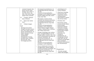 nominal singular dan
plural secara tepat,
dengan atau tanpa a,
the, this, those, my,
their, dsb secara tepat
dalam frasa nominal
(4 Ucapan, tekanan
kata, intonasi
(5 Ejaan dan tanda
baca
(6 Tulisan tangan
Topik
Berbagai hal terkait
dengan interaksi antara
guru dan siswa selama
proses pembelajaran, di
dalam maupun di luar
kelas, dengan
memberikan
keteladanan tentang
perilaku jujur, disiplin,
percaya diri, dan
bertanggung jawab.
(b) mengecek pemahaman, (c)
menghargai kinerja yang baik,
dan (d)
meminta/mengungkapkan
pendapat serta responnya dalam
bahasa Inggris dari film, kaset,
buku teks, dsb.
; Menirukan contoh-contoh
interaksi (a) meminta perhatian,
(b) mengecek pemahaman, (c)
menghargai kinerja yang baik,
dan (d)
meminta/mengungkapkan
pendapat, serta responnya
dalam bahasa Inggris dengan
ucapan, tekanan kata, intonasi,
dan sikap yang benar.
; Dengan bimbingan dan arahan
guru, mengidentifikasi ciri-ciri
(fungsi sosial, struktur teks, dan
unsur kebahasaan) interaksi (a)
meminta perhatian, (b)
mengecek pemahaman, (c)
menghargai kinerja yang baik,
dan (d)
meminta/mengungkapkan
pendapat, serta responnya.
; Secara kolaboratif, berusaha
menggunakan bahasa Inggris
untuk (a) meminta perhatian, (b)
mengecek pemahaman, (c)
menghargai kinerja yang baik,
dan (d)
pembelajaran di
setiap tahapan.
; Observasi terhadap
kesantunan dan
kepedulian dalam
melaksanakan
komunikasi di dalam
dan di luar kelas
; Penilaian diri:
Pernyataan siswa
secara tertulis dalam
jurnal belajar
sederhana bahasa
Indonesia tentang
pengalaman belajar
berinteraksi dengan
(a) meminta
perhatian, (b)
mengecek
pemahaman, (c)
menghargai kinerja
yang baik, dan (d)
meminta/mengungka
pkan pendapat,
termasuk kemudahan
dan kesulitannya.
Pengetahuan:
; Tertulis mengisi
balon teks dengan
- 53 -
 