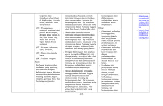 kegiatan dan
tindakan sehari-hari
di lingkungan rumah,
kelas, sekolah, dan
masyarakat.
(11 Penggunaan
nominal singular dan
plural secara tepat,
dengan atau tanpa a,
the, this, those, my,
their, dsb secara
tepat dalam frasa
nominal
(12 Ucapan, tekanan
kata, intonasi,
(13 Ejaan dan tanda
baca
(14 Tulisan tangan
Topik
Berbagai kegiatan dan
tindakan yang penting
dan relevan dengan
kehidupan siswa, dengan
memberikan keteladanan
tentang perilaku jujur,
disiplin, percaya diri, dan
bertanggung jawab.
menyaksikan banyak contoh
interaksi dengan menyebutkan
dan menanyakan tentang (a)
kemampuan dan (b) kemauan
melakukan suatu tindakan serta
responnya dalam bahasa Inggris
dari film, kaset, buku teks, dsb.
; Menirukan contoh-contoh
interaksi dengan menyebutkan
dan menanyakan tentang (a)
kemampuan dan (b) kemauan
melakukan suatu tindakan serta
responnya dalam bahasa Inggris
dengan ucapan, tekanan kata,
intonasi, dan sikap yang benar.
; Dengan bimbingan dan arahan
guru, mengidentifikasi ciri-ciri
(fungsi sosial, struktur teks, dan
unsur kebahasaan) interaksi
menyebutkan dan menanyakan
tentang (a) kemampuan dan (b)
kemauan melakukan suatu
tindakan serta responnya.
; Secara kolaboratif, berusaha
menggunakan bahasa Inggris
untuk menyebutkan dan
menanyakan tentang (a)
kemampuan dan (b) kemauan
melakukan suatu tindakan serta
responnya dalam konteks
pembelajaran, simulasi, role-
play, dan kegiatan lain yang
terstruktur.
kemampuan dan
(b) kemauan
melakukan suatu
tindakan serta
responnya
Sikap:
; Observasi terhadap
kesungguhan,
tanggung jawab,
dan kerja sama
siswa dalam proses
pembelajaran di
setiap tahapan.
; Observasi terhadap
kepedulian dan
kepercayaan diri
dalam
melaksanakan
komunikasi, di
dalam dan di luar
kelas.
; Penilaian diri
pernyataan siswa
secara tertulis
dalam jurnal
belajar sederhana
berbahasa
Indonesia tentang
pengalaman belajar
menyebutkan dan
menanyakan
tentang (a)
kemampuan dan
- http://am
ericanengli
sh.state.go
v/files/ae/
resource_fi
les
- http://lear
nenglish.b
ritishcoun
cil.org/en/
- 57 -
 