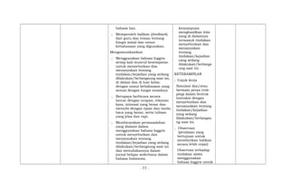 bahasa lain.
; Memperoleh balikan (feedback)
dari guru dan teman tentang
fungsi sosial dan unsur
kebahasaan yang digunakan.
Mengomunikasikan
; Menggunakan bahasa Inggris
setiap kali muncul kesempatan
untuk menyebutkan dan
menanyakan tentang
tindakan/kejadian yang sedang
dilakukan/berlangsung saat ini,
di dalam dan di luar kelas,
dengan unsur kebahasaan yang
sesuai dengan fungsi sosialnya.
; Berupaya berbicara secara
lancar dengan ucapan, tekanan
kata, intonasi yang benar dan
menulis dengan ejaan dan tanda
baca yang benar, serta tulisan
yang jelas dan rapi.
; Membicarakan permasalahan
yang dialami dalam
menggunakan bahasa Inggris
untuk menyebutkan dan
menanyakan tentang
tindakan/kejadian yang sedang
dilakukan/berlangsung saat ini
dan menuliskannya dalam
jurnal belajar sederhana dalam
bahasa Indonesia.
kemampuan
menghasilkan teks
yang di dalamnya
termasuk tindakan
menyebutkan dan
menanyakan
tentang
tindakan/kejadian
yang sedang
dilakukan/berlangs
ung saat ini.
KETERAMPILAN
; Unjuk kerja
Simulasi dan/atau
bermain peran (role
play) dalam bentuk
interaksi dengan
menyebutkan dan
menanyakan tentang
tindakan/kejadian
yang sedang
dilakukan/berlangsu
ng saat ini.
; Observasi:
(penilaian yang
bertujuan untuk
memberikan balikan
secara lebih cepat)
Observasi terhadap
tindakan siswa
menggunakan
bahasa Inggris untuk
- 77 -
 