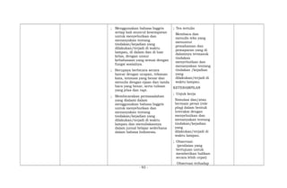 ; Menggunakan bahasa Inggris
setiap kali muncul kesempatan
untuk menyebutkan dan
menanyakan tentang
tindakan/kejadian yang
dilakukan/terjadi di waktu
lampau, di dalam dan di luar
kelas, dengan unsur
kebahasaan yang sesuai dengan
fungsi sosialnya.
; Berupaya berbicara secara
lancar dengan ucapan, tekanan
kata, intonasi yang benar dan
menulis dengan ejaan dan tanda
baca yang benar, serta tulisan
yang jelas dan rapi.
; Membicarakan permasalahan
yang dialami dalam
menggunakan bahasa Inggris
untuk menyebutkan dan
menanyakan tentang
tindakan/kejadian yang
dilakukan/terjadi di waktu
lampau dan menuliskannya
dalam jurnal belajar sederhana
dalam bahasa Indonesia.
; Tes tertulis
Membaca dan
menulis teks yang
menuntut
pemahaman dan
pemaparan yang di
dalamnya termasuk
tindakan
menyebutkan dan
menanyakan tentang
tindakan /kejadian
yang
dilakukan/terjadi di
waktu lampau.
KETERAMPILAN
; Unjuk kerja
Simulasi dan/atau
bermain peran (role
play) dalam bentuk
interaksi dengan
menyebutkan dan
menanyakan tentang
tindakan/kejadian
yang
dilakukan/terjadi di
waktu lampau.
; Observasi:
(penilaian yang
bertujuan untuk
memberikan balikan
secara lebih cepat)
Observasi terhadap
- 93 -
 