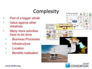 www.dsdm.org
• Part of a bigger whole
• Value against other
initiatives
• Many more activities
have to be done
• Business Processes
• Infrastructure
• Location
• Benefits realisation
Complexity
 