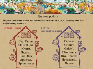 Групова робота
Згадати і записати слова, які починаються буквами я, ю, є. Розташувати їх в
алфавітному порядку.
1 група – імена 2 група –
географічні назви
Єва, Євген,
Юлія, Юрій,
Юхим,
Явдоха,
Яків, Яна,
Ярослав,
Ярина тощо
Європа,
Єгипет,
Єнісей,
Югославія,
Ява, Японія,
Ярославль,
Якутія
 