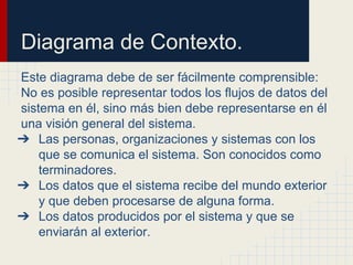 Diagrama de Contexto.
Este diagrama debe de ser fácilmente comprensible:
No es posible representar todos los flujos de datos del
sistema en él, sino más bien debe representarse en él
una visión general del sistema.
➔ Las personas, organizaciones y sistemas con los
que se comunica el sistema. Son conocidos como
terminadores.
➔ Los datos que el sistema recibe del mundo exterior
y que deben procesarse de alguna forma.
➔ Los datos producidos por el sistema y que se
enviarán al exterior.
 