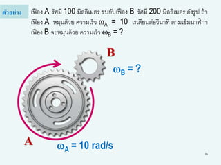 16
เฟือง A รัศมี 100 มิลลิเมตร ขบกับเฟือง B รัศมี 200 มิลลิเมตร ดังรูป ถ้า
เฟือง A หมุนด้วย ความเร็ว wA = 10 เรเดียนต่อวินาที ตามเข็มนาฬิกา
เฟือง B จะหมุนด้วย ความเร็ว wB = ?
ตัวอย่าง
A
B
wA = 10 rad/s
wB = ?
 