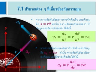 19
𝑟
𝑦
𝑥
𝑎 𝑟
𝑎 𝑡
𝑣𝑡 =
𝑑𝑠
𝑑𝑡
= 𝑟
𝑑𝜃
𝑑𝑡
= 𝑟𝜔
• จากความสัมพันธ์ของการกระจัดเชิงเส้น และเชิงมุม
คือ 𝑠 = 𝑟𝜃 ดังนั้น ความสัมพันธ์ของอัตราเร็ว
เชิงมุม และอัตราเร็วเชิงเส้น ได้ดังนี้
• จากความสัมพันธ์ของอัตราเร็วเชิงเส้นและเชิงมุม
คือ 𝑣 𝑡 = 𝑟𝜔 ดังนั้น ความสัมพันธ์ของอัตรา
เร่งเชิงมุม และอัตราเร่งเชิงเส้น ได้ดังนี้
𝑎 𝑡 = 𝑟
𝑑𝜔
𝑑𝑡
= 𝑟𝛼
7.1 ปริมาณต่าง ๆ ที่เกี่ยวข้องกับการหมุน
 