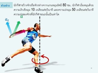 21
นักกีฬาขว้างจักรถือจักรห่างจากแกนหมุนรัศมี 80 ซม. นักกีฬาเริ่มหมุนด้วย
ความเร็วเชิงมุม 10 เรเดียนต่อวินาที และความเร่งมุม 50 เรเดียนต่อวินาที
ความเร่งของจักรที่นักกีฬาขณะนั้นเป็นเท่าใด
ตัวอย่าง
𝑎 𝑟
𝑎
𝑎 𝑡
 