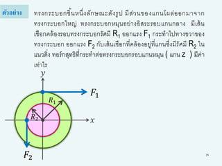 29
ทรงกระบอกชิ้นหนึ่งลักษณะดังรูป มีส่วนของแกนโผล่ออกมาจาก
ทรงกระบอกใหญ่ ทรงกระบอกหมุนอย่างอิสระรอบแกนกลาง มีเส้น
เชือกคล้องรอบทรงกระบอกรัศมี R1 ออกแรง F1 กระทาไปทางขวาของ
ทรงกระบอก ออกแรง F2 กับเส้นเชือกที่คล้องอยู่ที่แกนซึ่งมีรัศมี R2 ใน
แนวดิ่ง ทอร์กสุทธิที่กระทาต่อทรงกระบอกรอบแกนหมุน ( แกน z ) มีค่า
เท่าไร
ตัวอย่าง
𝑦
𝑥
𝐹1
𝐹2
𝑅1
𝑅2
 