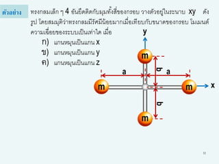 32
ทรงกลมเล็ก ๆ 4 อันยึดติดกับมุมทั้งสี่ของกรอบ วางตัวอยู่ในระนาบ xy ดัง
รูป โดยสมมุติว่าทรงกลมมีรัศมีน้อยมากเมื่อเทียบกับขนาดของกรอบ โมเมนต์
ความเฉื่อยของระบบเป็นเท่าใด เมื่อ
ก) แกนหมุนเป็นแกน x
ข) แกนหมุนเป็นแกน y
ค) แกนหมุนเป็นแกน z
ตัวอย่าง
a
m
a
m
m
m
bb
y
x
 