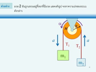 51
มวล 2 อันถูกแขวนอยู่ที่รอกที่มีมวล แสดงดังรูป จงหาความเร่งของระบบ
ดังกล่าว
ตัวอย่าง
m1
m2
𝑅
𝑀
a
a a
T1 T2
 