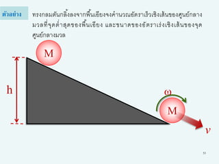 53
ทรงกลมตันกลิ้งลงจากพื้นเอียงจงคานวณอัตราเร็วเชิงเส้นของศูนย์กลาง
มวลที่จุดต่าสุดของพื้นเอียง และขนาดของอัตราเร่งเชิงเส้นของจุด
ศูนย์กลางมวล
ตัวอย่าง
M
M
h w
v
 