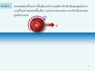 55
ทรงกลมตันกลิ้งลงจากพื้นเอียงจงคานวณอัตราเร็วเชิงเส้นของศูนย์กลาง
มวลที่จุดต่าสุดของพื้นเอียง และขนาดของอัตราเร่งเชิงเส้นของจุด
ศูนย์กลางมวล
ตัวอย่าง
v
w
 