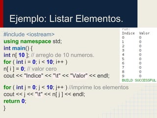 Ejemplo: Listar Elementos.
#include <iostream>
using namespace std;
int main() {
int n[ 10 ]; // arreglo de 10 numeros.
for ( int i = 0; i < 10; i++ )
n[ i ] = 0; // valor cero
cout << "Indice" << "t" << "Valor" << endl;
for ( int j = 0; j < 10; j++ ) //imprime los elementos
cout << j << "t" << n[ j ] << endl;
return 0;
}
 