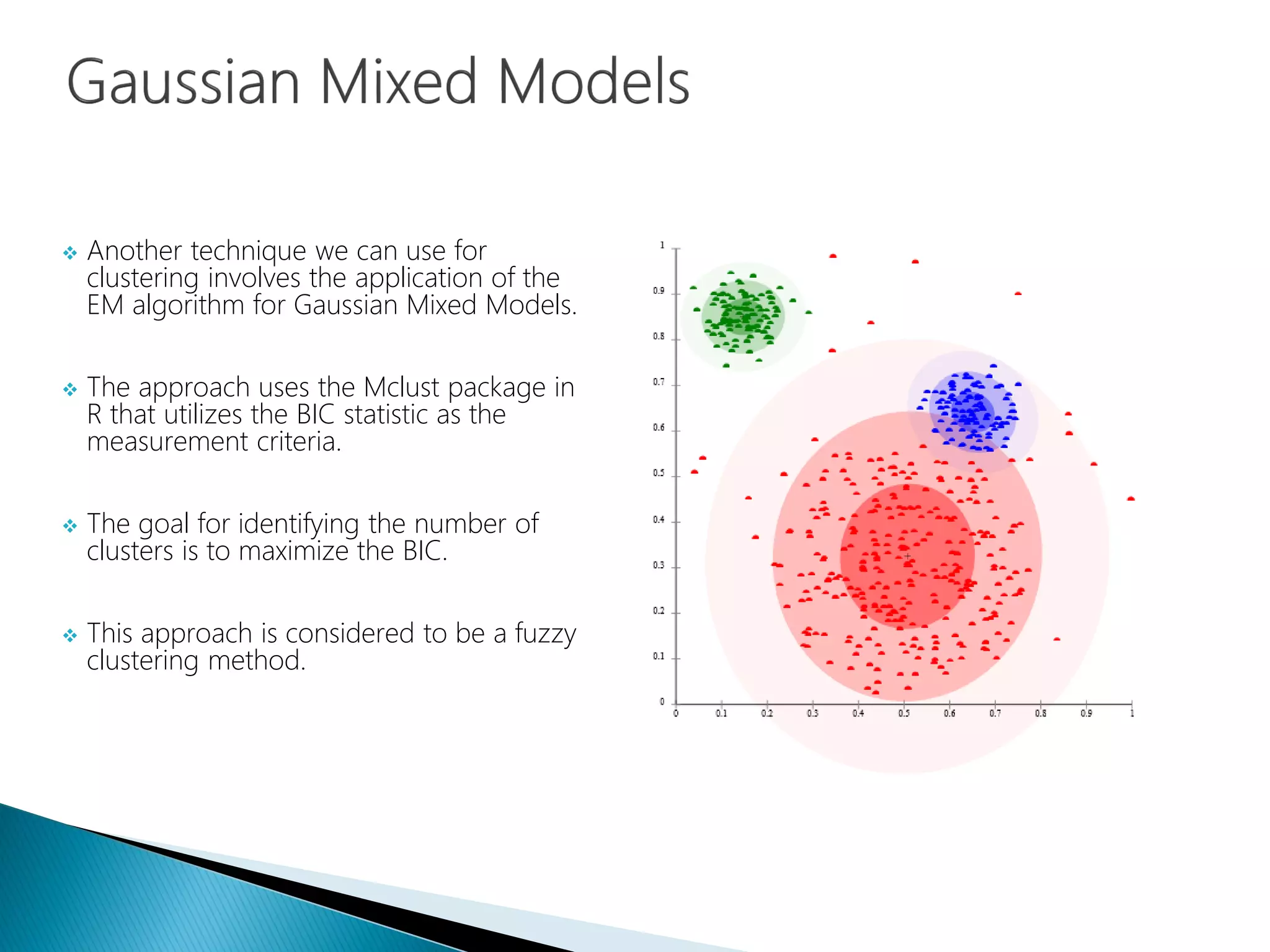  Another technique we can use for
clustering involves the application of the
EM algorithm for Gaussian Mixed Models.
 The approach uses the Mclust package in
R that utilizes the BIC statistic as the
measurement criteria.
 The goal for identifying the number of
clusters is to maximize the BIC.
 This approach is considered to be a fuzzy
clustering method.
 