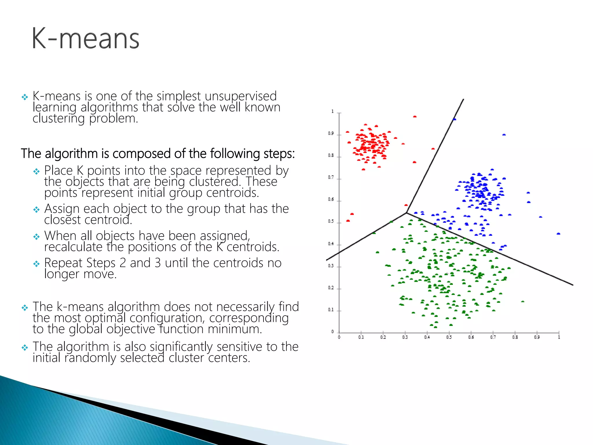  K-means is one of the simplest unsupervised
learning algorithms that solve the well known
clustering problem.
The algorithm is composed of the following steps:
 Place K points into the space represented by
the objects that are being clustered. These
points represent initial group centroids.
 Assign each object to the group that has the
closest centroid.
 When all objects have been assigned,
recalculate the positions of the K centroids.
 Repeat Steps 2 and 3 until the centroids no
longer move.
 The k-means algorithm does not necessarily find
the most optimal configuration, corresponding
to the global objective function minimum.
 The algorithm is also significantly sensitive to the
initial randomly selected cluster centers.
 