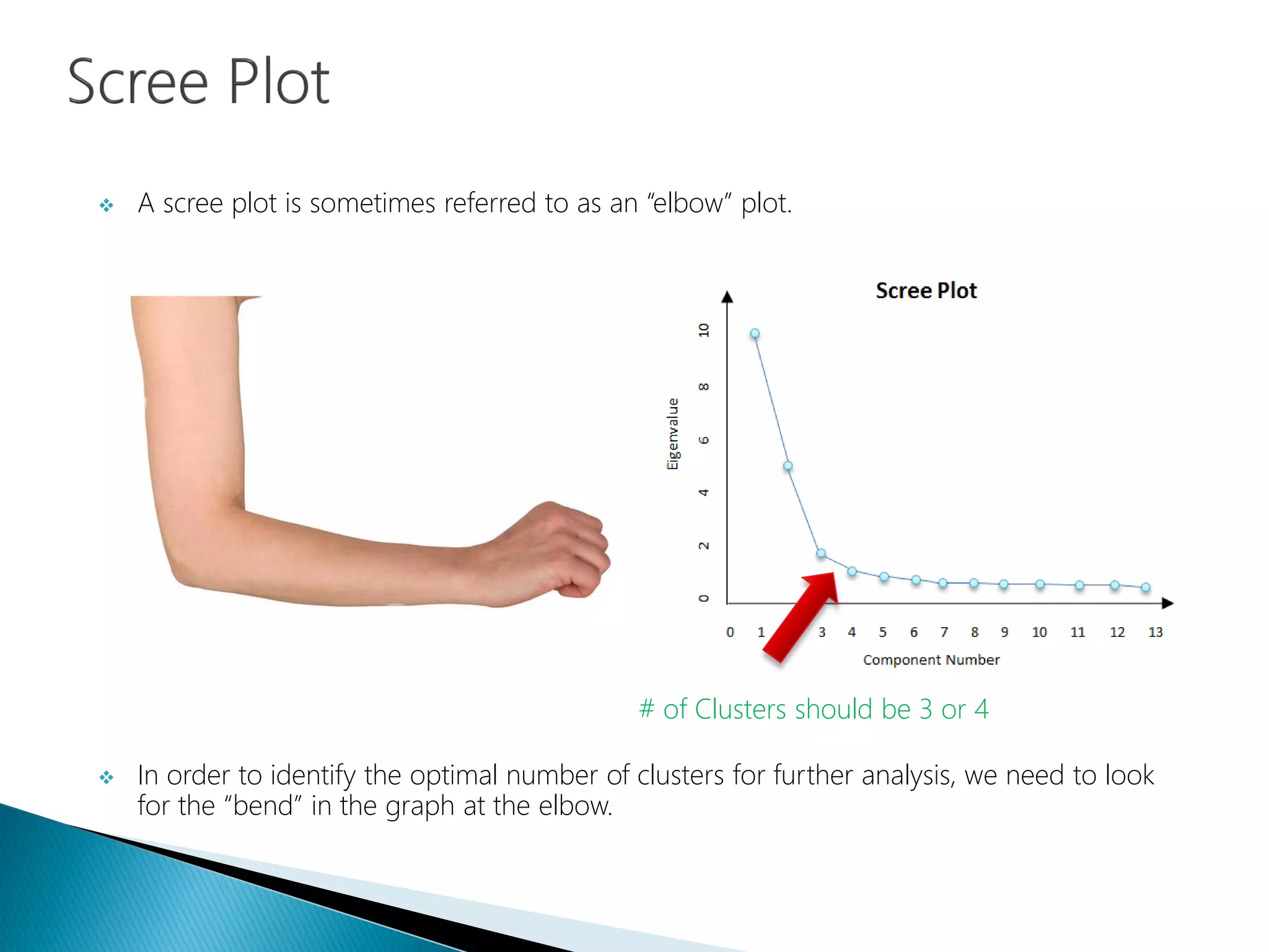  A scree plot is sometimes referred to as an “elbow” plot.
 In order to identify the optimal number of clusters for further analysis, we need to look
for the “bend” in the graph at the elbow.
# of Clusters should be 3 or 4
 