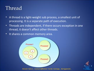 Thread
• A thread is a light-weight sub process, a smallest unit of
processing. It is a separate path of execution.
• Threads are independent, if there occurs exception in one
thread, it doesn't affect other threads.
• It shares a common memory area.
Nilesh Dalvi, Lecturer@Patkar-Varde College, Goregaon(W).
t1
t2
t3
Process1
Process2
Process3
 