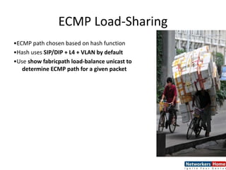 ECMP Load-Sharing
•ECMP path chosen based on hash function
•Hash uses SIP/DIP + L4 + VLAN by default
•Use show fabricpath load-balance unicast to
determine ECMP path for a given packet
 