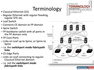 Terminology• Classical Ethernet (CE)
– Regular Ethernet with regular flooding,
regular STP, etc.
• Leaf Switch
– Connects CE domain to FP domain
• Spine Switch
– FP backbone switch with all ports in
the FP domain only
• FP Core Ports
– Links on Leaf up to Spine, or Spine to
Spine
– i.e. the switchport mode fabricpath
links
• CE Edge Ports
– Links on Leaf connecting to regular
Classical Ethernet domain
– i.e. not the switchport mode
fabricpath links
 