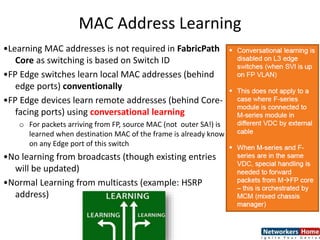 MAC Address Learning
•Learning MAC addresses is not required in FabricPath
Core as switching is based on Switch ID
•FP Edge switches learn local MAC addresses (behind
edge ports) conventionally
•FP Edge devices learn remote addresses (behind Core-
facing ports) using conversational learning
o For packets arriving from FP, source MAC (not outer SA!) is
learned when destination MAC of the frame is already known
on any Edge port of this switch
•No learning from broadcasts (though existing entries
will be updated)
•Normal Learning from multicasts (example: HSRP
address)
 