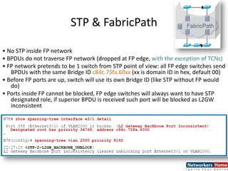 STP & FabricPath
• No STP inside FP network
• BPDUs do not traverse FP network (dropped at FP edge, with the exception of TCNs)
• FP network pretends to be 1 switch from STP point of view: all FP edge switches send
BPDUs with the same Bridge ID c84c.75fa.60xx (xx is domain ID in hex, default 00)
• Before FP ports are up, switch will use its own Bridge ID (like STP without FP would
do)
• Ports inside FP cannot be blocked, FP edge switches will always want to have STP
designated role, if superior BPDU is received such port will be blocked as L2GW
inconsistent
 