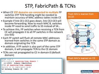 STP, FabricPath & TCNs
• When CE STP domains are connected to multiple FP
switches STP TCN handling might be needed to
maintain accuracy of MAC address tables inside CE
• Example if link CE1-CE2 goes down, link CE2-CE3 will
become forwarding. Now to reach MAC B, switches
inside FP need to send traffic to S5 instead of S4…
• To achieve this, FP switches when receiving a TCN from
CE will propagate it to all FP switches in the network
(via ISIS)
• Each FP switch will flush all remote MAC addresses
learned from switches in the same STP domain as
domain originating the TCN
• In addition, if FP switch is also part of the same STP
domain, it will propagate TCN to the CE domain
• TCNs are not propagated to CE in domain 0 (default
domain)
 