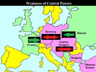 Germany’s Schlieffen Plan
The Schlieffen Plan, had been carefully crafted to deal with a two-front war
scenario, such as in the case it found itself at war against France and Russia
at the same time. Germany calculated that France was the lesser threat and
planned to conquer France and knock her out of the war within five weeks
before Russia could effectively mobilize for war on the 'Eastern Front,'
(which the Germans estimated would take six weeks). Then use its entire
resources to fight Russia.
Germany’s Schlieffen Plan had
a number of flaws, among them
called for a sweep through
neutral Belgium in order to
attack France because the
French-German border was
too heavily fortified. This
assumption did not take into
consideration that it would
draw England into the war.
Former German Army
Chief of Staff Alfred von
Schlieffen
 