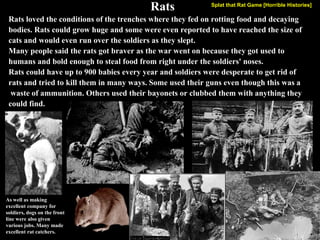 No Man’s Land
The stretch of land between enemy trenches. The area was very dangerous and
contained miles of barbed wire, hundreds of corpses, and land mines.
No Man's Land was heavily guarded by machine gun and sniper fire and
could be as narrow as 15 yards or as wide as several hundred yards.
Soldiers were forced to cross it while advancing toward the enemy positions.
 