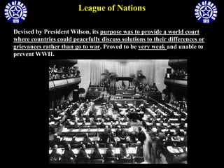 Treaty of Versailles (U.S. Opposition)
Victorious Allies imposed punitive reparations on Germany. U.S. Versailles
delegation was led by Wilson who fought for a just peace. U.S. Senate rejected
the Versailles Treaty as too harsh and against the League of Nations.
 