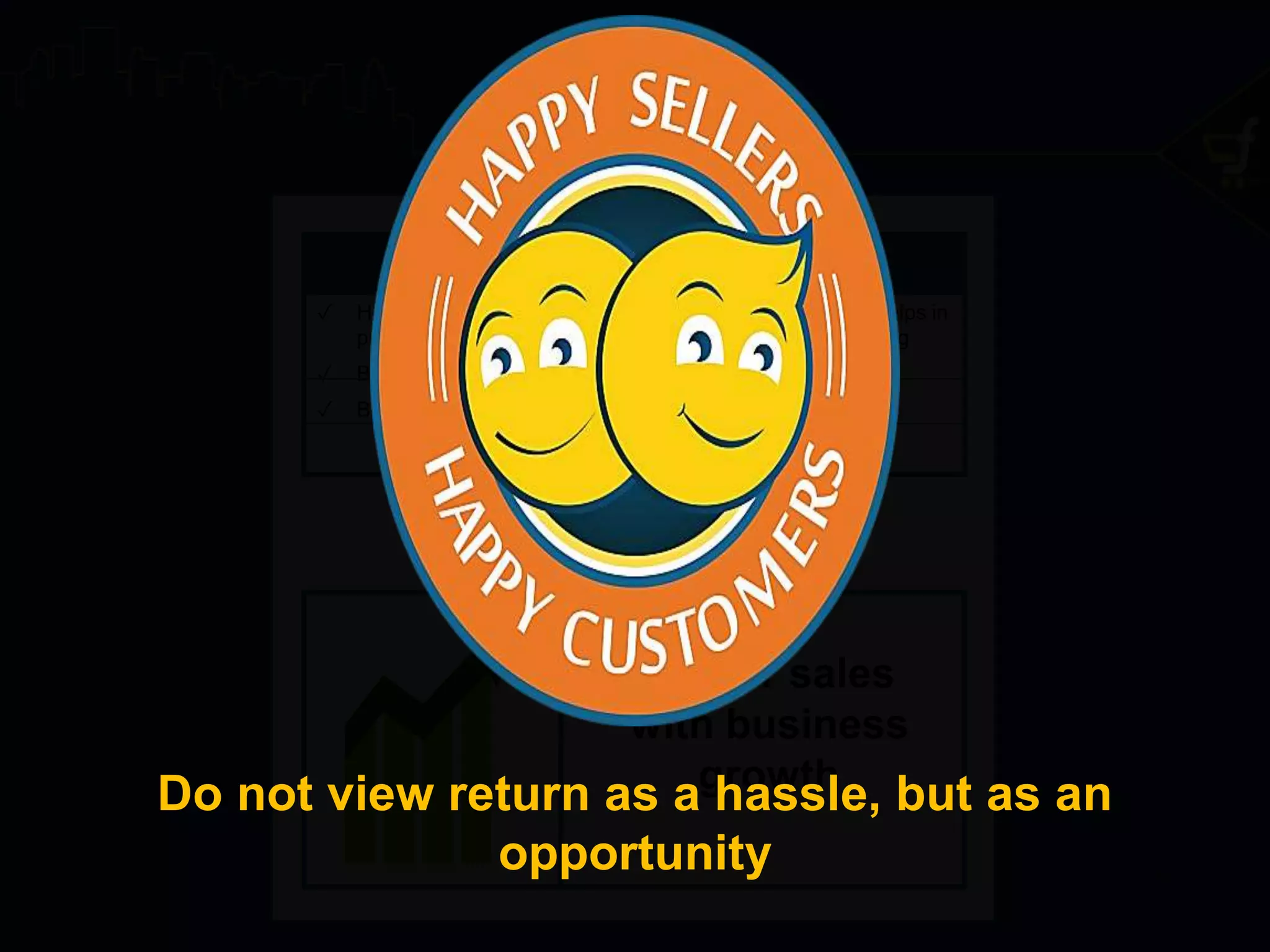 Analyze
Explore the root cause of returns
✓Which products are returned
most?
✓Which region contributes to
highest returns?
✓Review customer feedback
Group Act
Group the identified root causes
✓Controllable (e.g., ensuring good
packaging)
✓Uncontrollable (e.g., buyer not
interested in the product anymore)
Targeted measures based
on grouping
Let us take a look at some measures which can be undertaken by sellers to reduce returns.
Managing Returns
 
