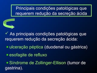Principais condições patológicas que
requerem redução da secreção ácida
 As principais condições patológicas que
requerem redução da secreção ácida:
ulceração péptica (duodenal ou gástrica)
esofagite de refluxo
Síndrome de Zollinger-Ellison (tumor de
gastrina).
 