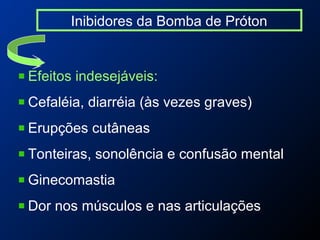 Inibidores da Bomba de Próton
Efeitos indesejáveis:
Cefaléia, diarréia (às vezes graves)
Erupções cutâneas
Tonteiras, sonolência e confusão mental
Ginecomastia
Dor nos músculos e nas articulações
 