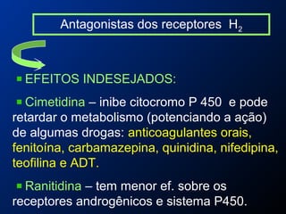 Antagonistas dos receptores H2
EFEITOS INDESEJADOS:
Cimetidina – inibe citocromo P 450 e pode
retardar o metabolismo (potenciando a ação)
de algumas drogas: anticoagulantes orais,
fenitoína, carbamazepina, quinidina, nifedipina,
teofilina e ADT.
Ranitidina – tem menor ef. sobre os
receptores androgênicos e sistema P450.
 
