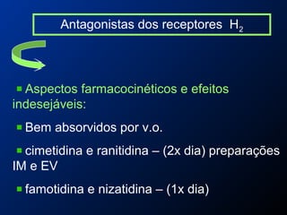 Antagonistas dos receptores H2
Aspectos farmacocinéticos e efeitos
indesejáveis:
Bem absorvidos por v.o.
cimetidina e ranitidina – (2x dia) preparações
IM e EV
famotidina e nizatidina – (1x dia)
 